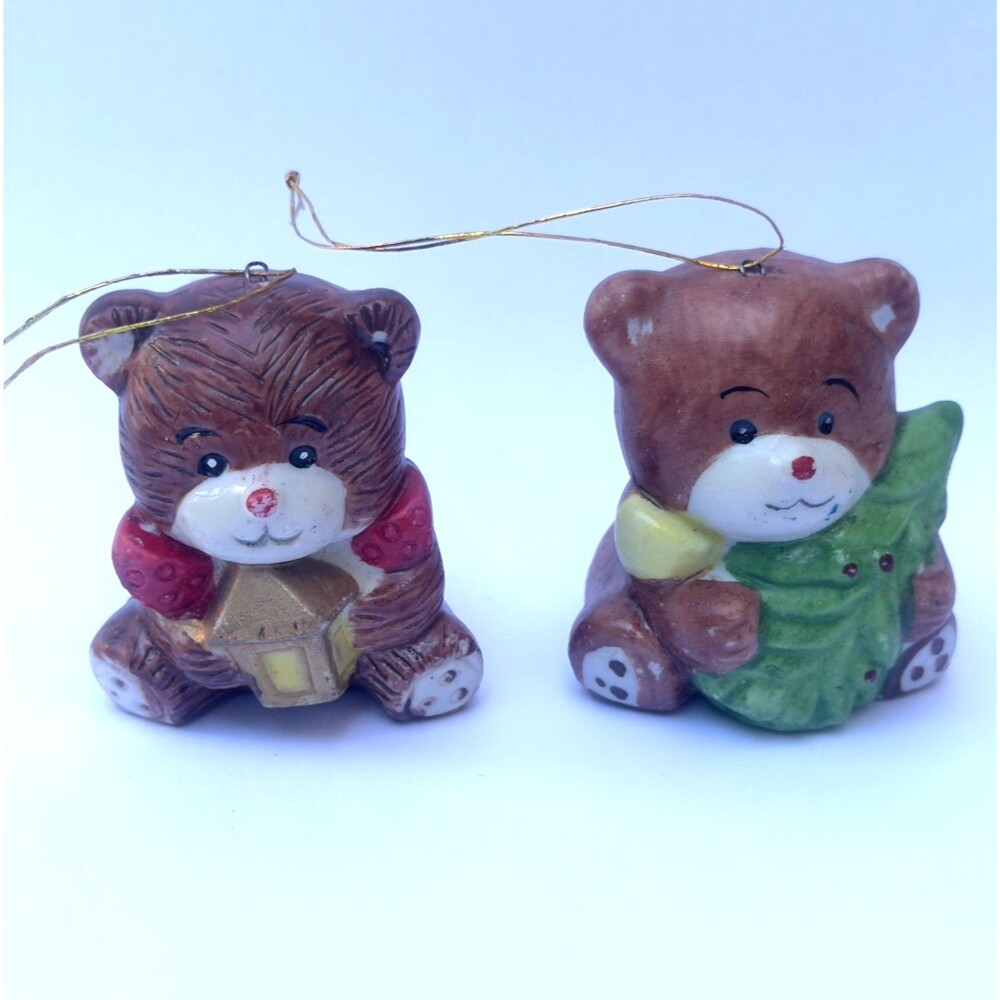 Lot of 2 Vintage Ceramic Brown Teddy Tree Bear Christmas Ornament